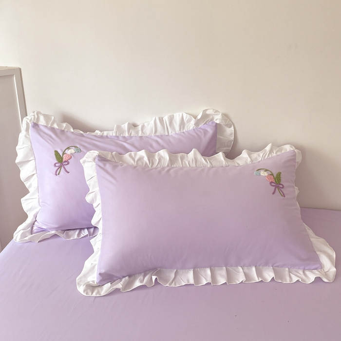 91家纺网 家纺一手货源 找家纺 易禾家纺 2025新款韩版小清新毛巾绣水洗棉四件套学生宿舍三件套铃兰小兔系列（专板花型） 铃兰小兔-紫