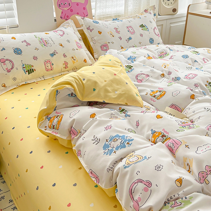 91家纺网 家纺一手货源 找家纺 布可家纺 2025新款水洗磨毛印花四件套 开心生活