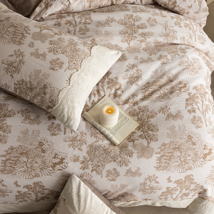 91家纺网 家纺一手货源 找家纺 迷尚家居 2025新款复古色织仿棉麻全棉花边四件套 迪奥咖-棉麻