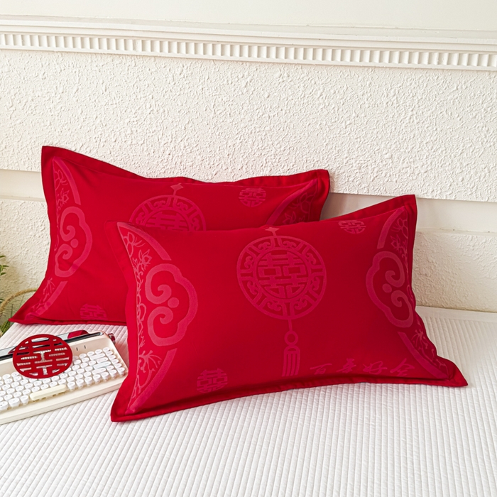 91家纺网 家纺一手货源 找家纺 悦然毛巾被 2025新款婚庆大红三层全棉纱布枕套 百年好合