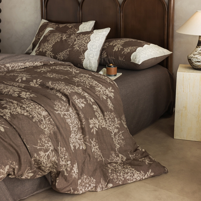 91家纺网 家纺一手货源 找家纺 迷尚家居 2025新款复古色织仿棉麻全棉花边四件套 锦瑟-棉麻