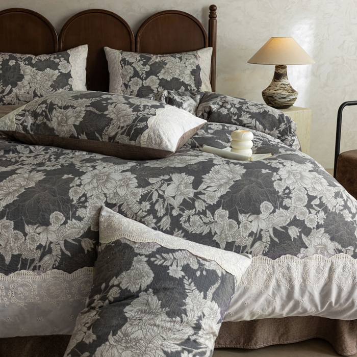 91家纺网 家纺一手货源 找家纺 迷尚家居 2025新款复古色织仿棉麻全棉花边四件套 玉环-棉麻