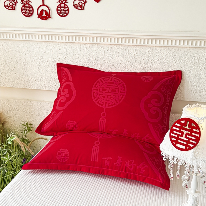 91家纺网 家纺一手货源 找家纺 悦然毛巾被 2025新款婚庆大红三层全棉纱布枕套 百年好合