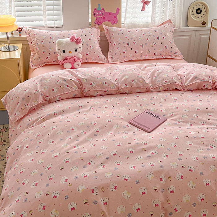 91家纺网 家纺一手货源 找家纺 布可家纺 2025新款水洗磨毛印花四件套 粉粉KT