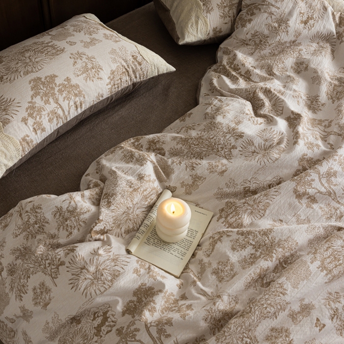 91家纺网 家纺一手货源 找家纺 迷尚家居 2025新款复古色织仿棉麻全棉花边四件套 迪奥咖-棉麻