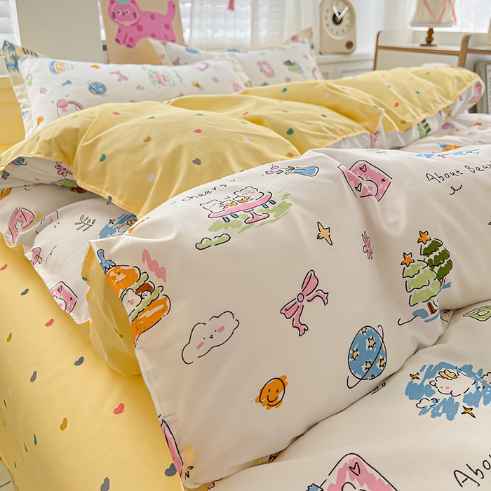 91家纺网 家纺一手货源 找家纺 布可家纺 2025新款水洗磨毛印花四件套 开心生活