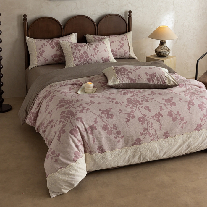 91家纺网 家纺一手货源 找家纺 迷尚家居 2025新款复古色织仿棉麻全棉花边四件套 俏颜-棉麻