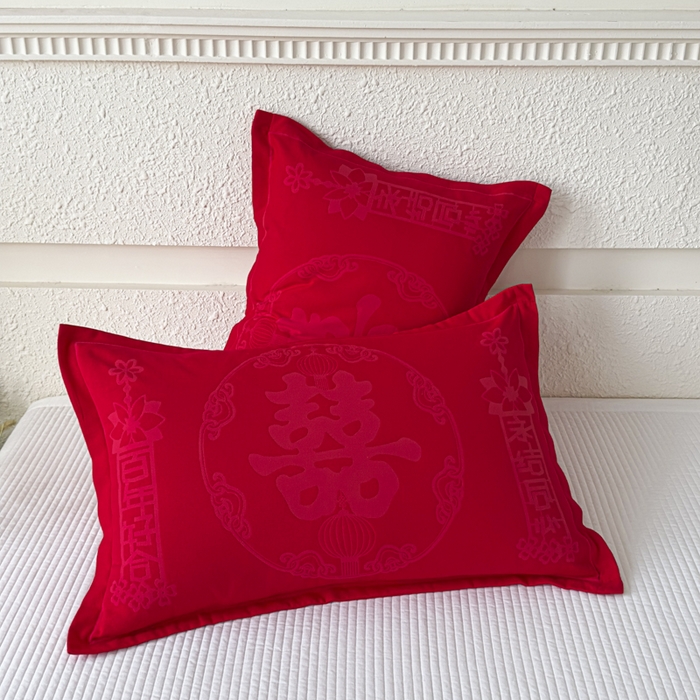 91家纺网 家纺一手货源 找家纺 悦然毛巾被 2025新款婚庆大红三层全棉纱布枕套 永结同心