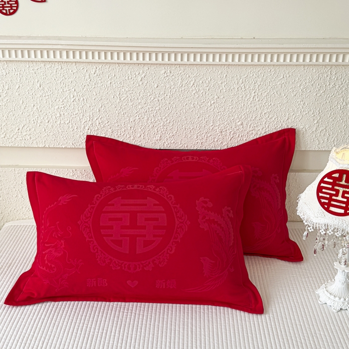 91家纺网 家纺一手货源 找家纺 悦然毛巾被 2025新款婚庆大红三层全棉纱布枕套 良缘似锦