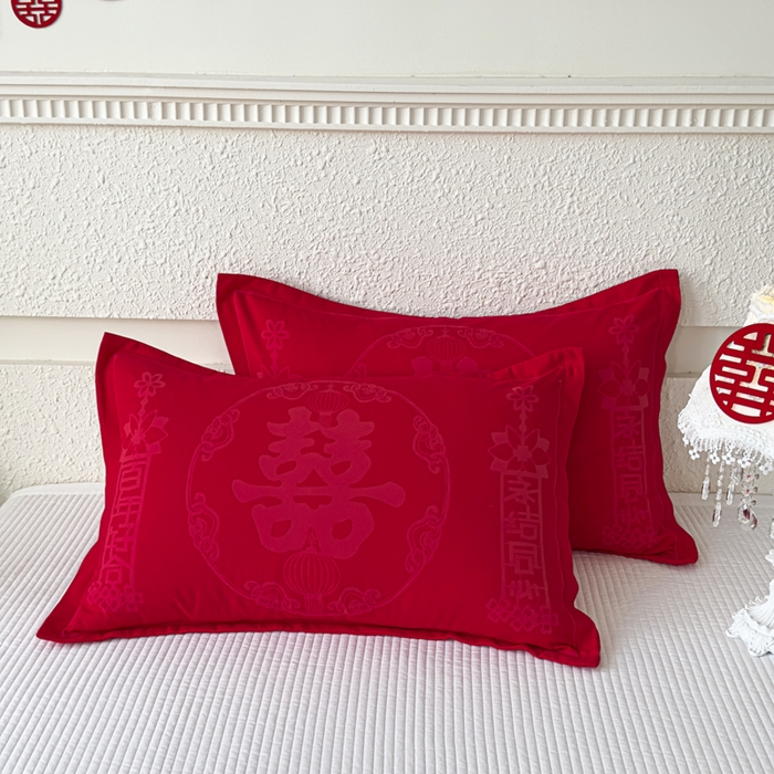 91家纺网 家纺一手货源 找家纺 悦然毛巾被 2025新款婚庆大红三层全棉纱布枕套 永结同心