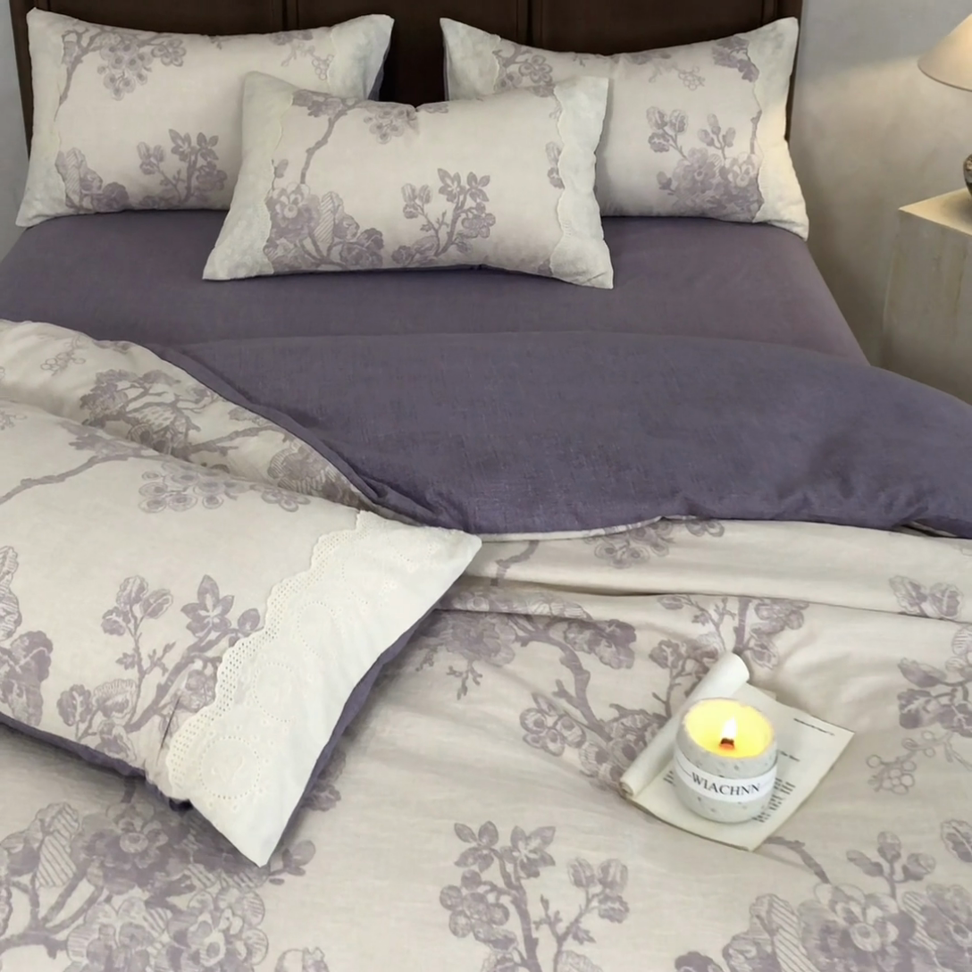 91家纺网 家纺一手货源 找家纺 迷尚家居 2025新款复古色织仿棉麻全棉花边四件套 砚秋紫-棉麻