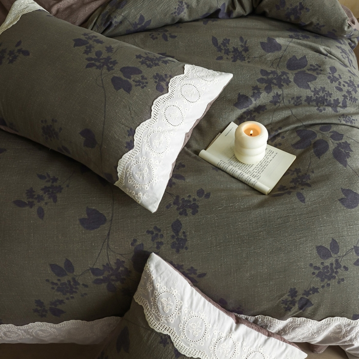 91家纺网 家纺一手货源 找家纺 迷尚家居 2025新款复古色织仿棉麻全棉花边四件套 颂青时-棉麻