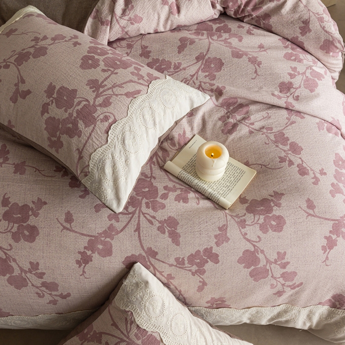 91家纺网 家纺一手货源 找家纺 迷尚家居 2025新款复古色织仿棉麻全棉花边四件套 俏颜-棉麻