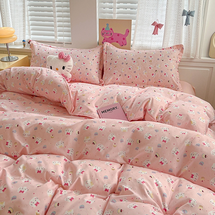 91家纺网 家纺一手货源 找家纺 布可家纺 2025新款水洗磨毛印花四件套 粉粉KT