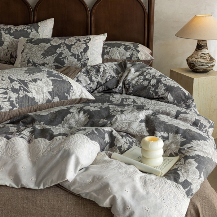 91家纺网 家纺一手货源 找家纺 迷尚家居 2025新款复古色织仿棉麻全棉花边四件套 玉环-棉麻