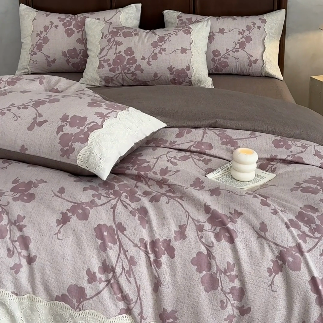 91家纺网 家纺一手货源 找家纺 迷尚家居 2025新款复古色织仿棉麻全棉花边四件套 俏颜-棉麻