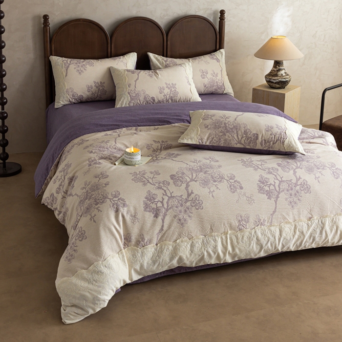 91家纺网 家纺一手货源 找家纺 迷尚家居 2025新款复古色织仿棉麻全棉花边四件套 砚秋紫-棉麻