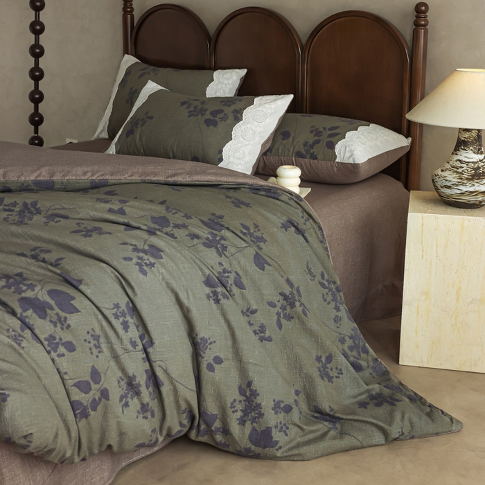 91家纺网 家纺一手货源 找家纺 迷尚家居 2025新款复古色织仿棉麻全棉花边四件套 颂青时-棉麻