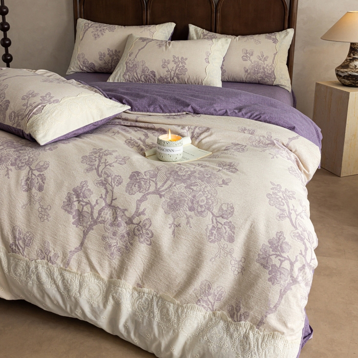 91家纺网 家纺一手货源 找家纺 迷尚家居 2025新款复古色织仿棉麻全棉花边四件套 砚秋紫-棉麻