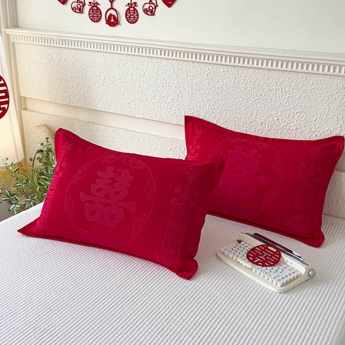 91家纺网 家纺一手货源 找家纺 悦然毛巾被 2025新款婚庆大红三层全棉纱布枕套 永结同心
