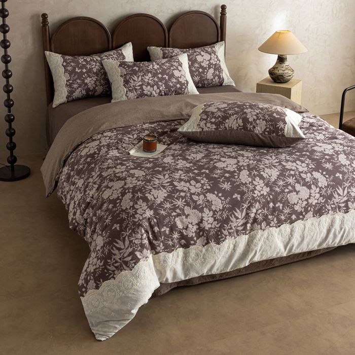 91家纺网 家纺一手货源 找家纺 迷尚家居 2025新款复古色织仿棉麻全棉花边四件套 枫林晚-棉麻