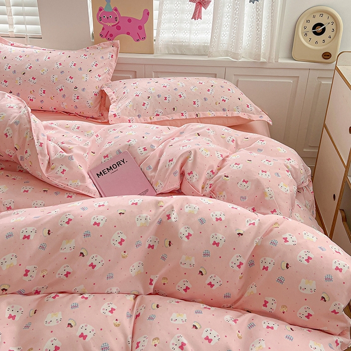 91家纺网 家纺一手货源 找家纺 布可家纺 2025新款水洗磨毛印花四件套 粉粉KT