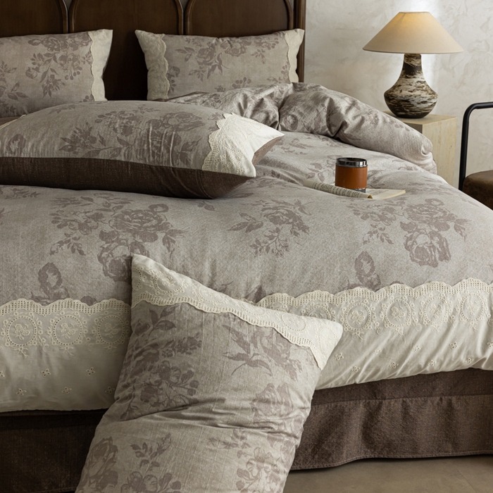 91家纺网 家纺一手货源 找家纺 迷尚家居 2025新款复古色织仿棉麻全棉花边四件套 风木槿咖-棉麻