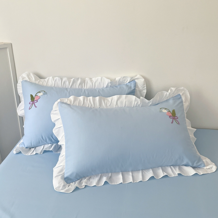 91家纺网 家纺一手货源 找家纺 易禾家纺 2025新款韩版小清新毛巾绣水洗棉四件套学生宿舍三件套铃兰小兔系列（专板花型） 铃兰小兔-蓝