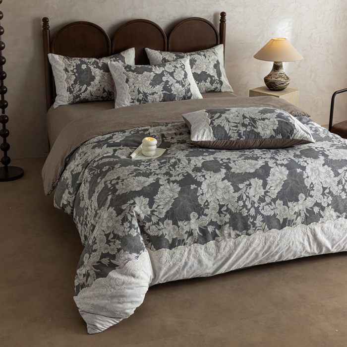 91家纺网 家纺一手货源 找家纺 迷尚家居 2025新款复古色织仿棉麻全棉花边四件套 玉环-棉麻