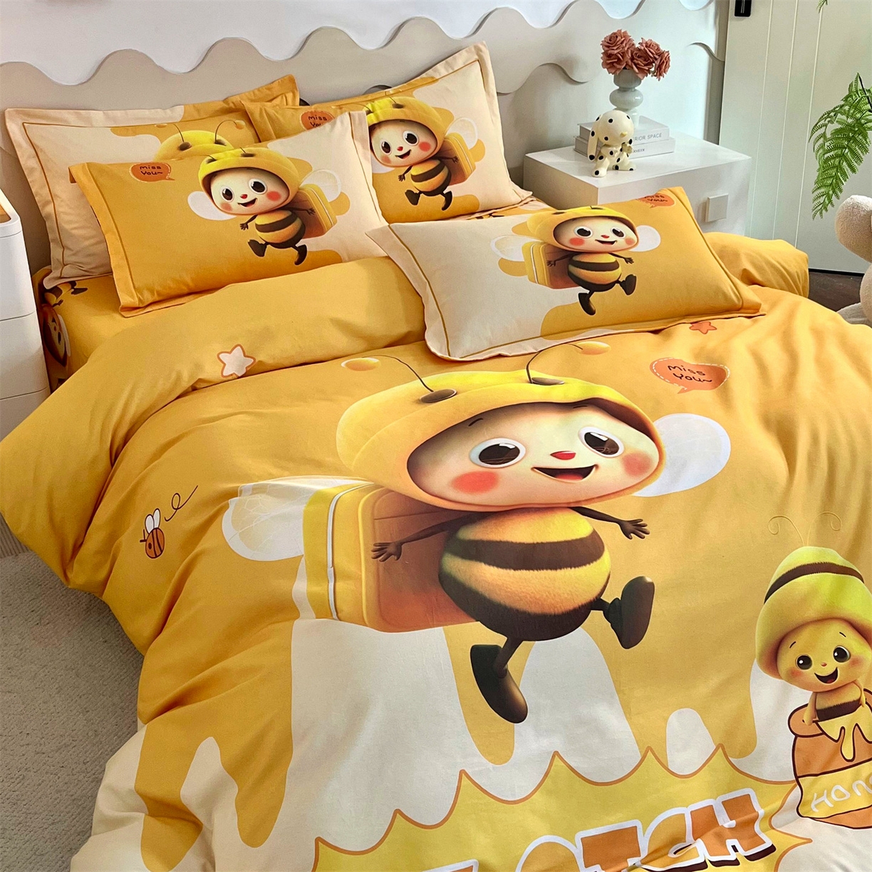 91家纺网 家纺一手货源 找家纺 曼秀琳 2025秋冬新款全棉磨毛印花四件套 萌萌哒-黄