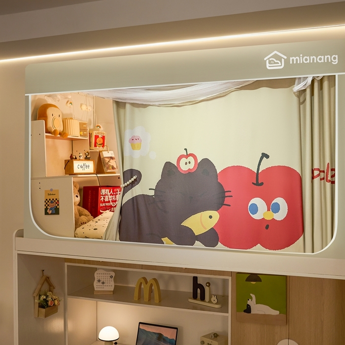 91家纺网 家纺一手货源 找家纺 卓尔居 2025新款学生遮光床帘卡通ZR学生蚊帐 米色-苹果小猫