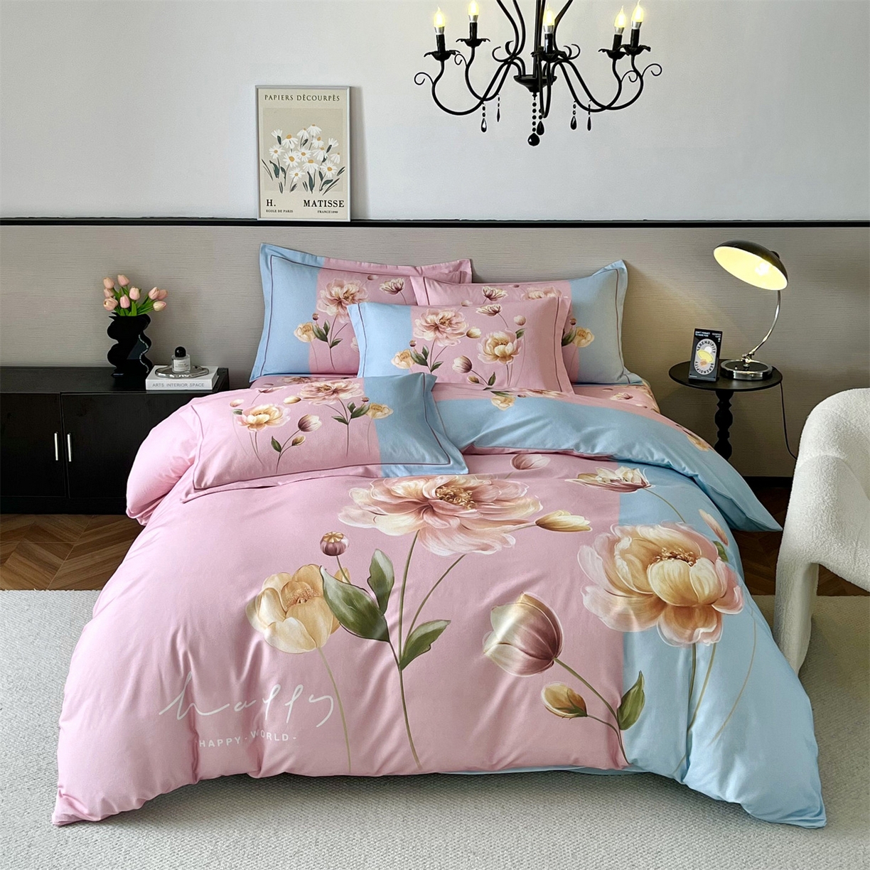 91家纺网 家纺一手货源 找家纺 曼秀琳 2025秋冬新款全棉磨毛印花四件套 岸芷汀兰-粉