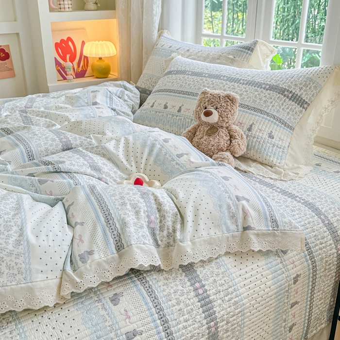 91家纺网 家纺一手货源 找家纺 岚吉家纺 2025新款全棉棉花床盖四件套 花边兔