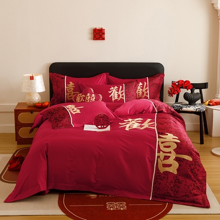 91家纺网 家纺一手货源 找家纺 （总）苏源家居 2025新款绣花婚庆结婚喜庆拼接四件套-欢喜