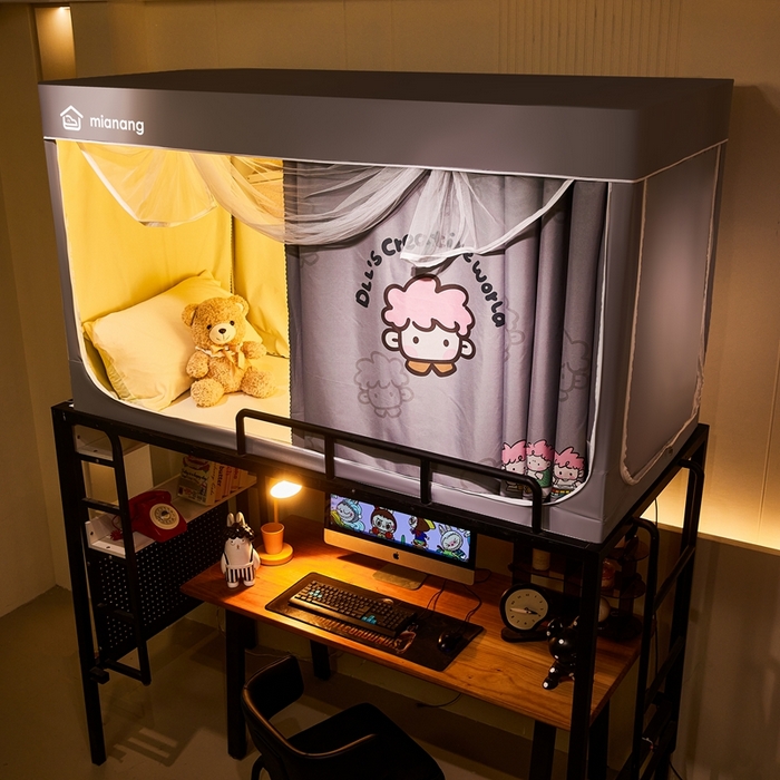 91家纺网 家纺一手货源 找家纺 卓尔居 2025新款学生遮光床帘卡通ZR学生蚊帐 灰色-粉毛炸炸君