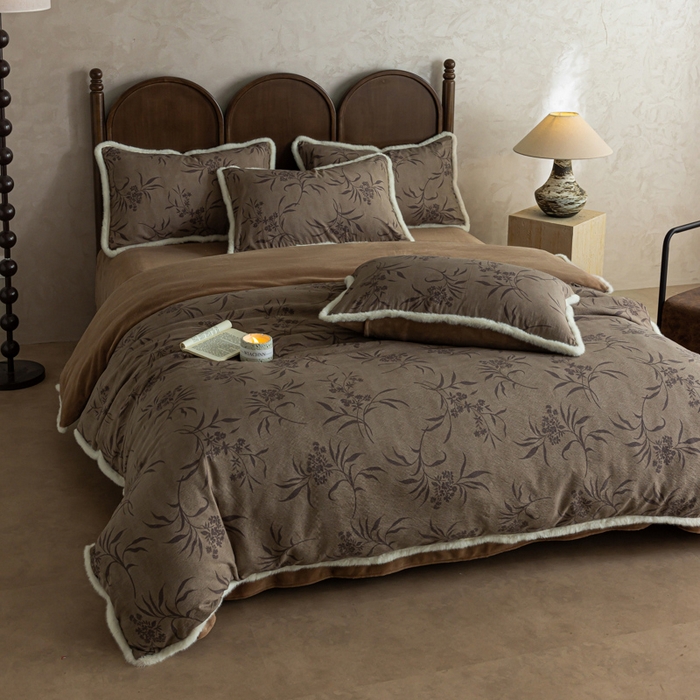 91家纺网 家纺一手货源 找家纺 迷尚家居 2025新款复古色织棉麻牛奶绒棉加绒四件套 玉茗-绒