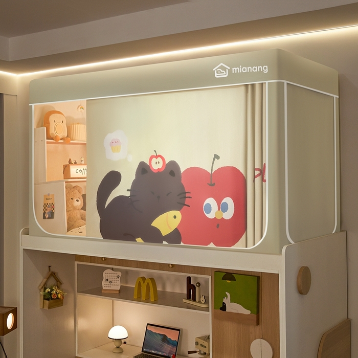 91家纺网 家纺一手货源 找家纺 卓尔居 2025新款学生遮光床帘卡通ZR学生蚊帐 米色-苹果小猫