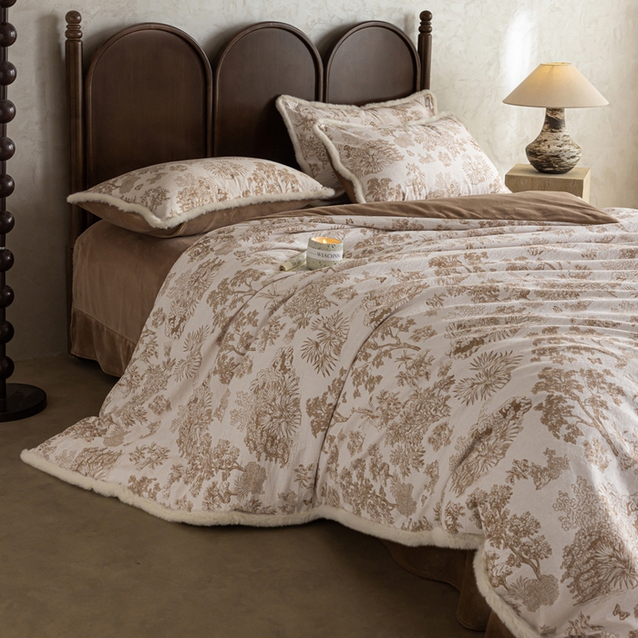 91家纺网 家纺一手货源 找家纺 迷尚家居 2025新款复古色织棉麻牛奶绒棉加绒四件套 迪奥咖-绒