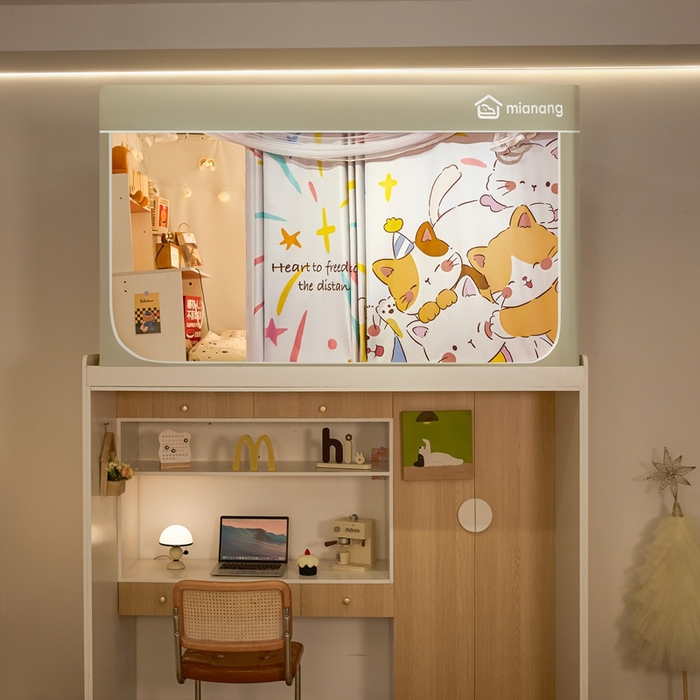 91家纺网 家纺一手货源 找家纺 卓尔居 2025新款学生遮光床帘卡通ZR学生蚊帐 米色-烟花小猫