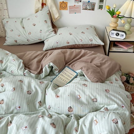 91家纺网 家纺一手货源 找家纺 （总）源莱 2025开学季小清新卡通时尚印花水洗双层纱四件套