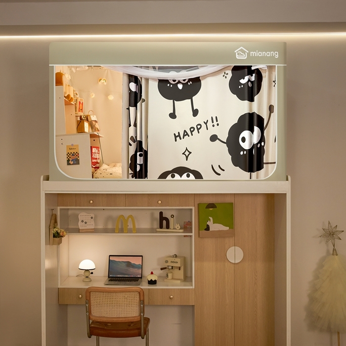 91家纺网 家纺一手货源 找家纺 卓尔居 2025新款学生遮光床帘卡通ZR学生蚊帐 米色-黑白煤球