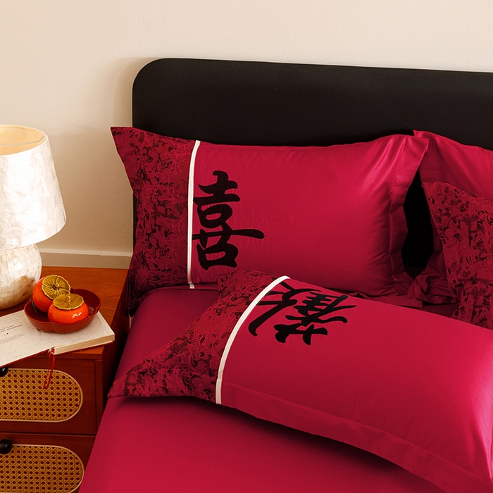 91家纺网 家纺一手货源 找家纺 苏源家居 2025新款绣花婚庆结婚喜庆拼接四件套-欢喜 欢喜-黑