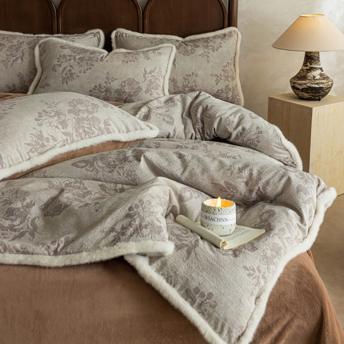 91家纺网 家纺一手货源 找家纺 迷尚家居 2025新款复古色织棉麻牛奶绒棉加绒四件套 风木槿咖-绒