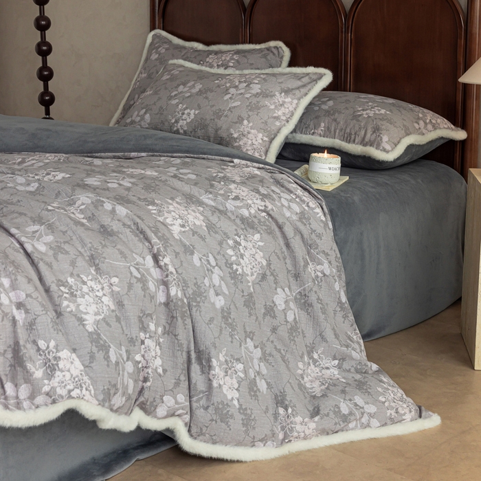 91家纺网 家纺一手货源 找家纺 迷尚家居 2025新款复古色织棉麻牛奶绒棉加绒四件套 可颂灰-绒