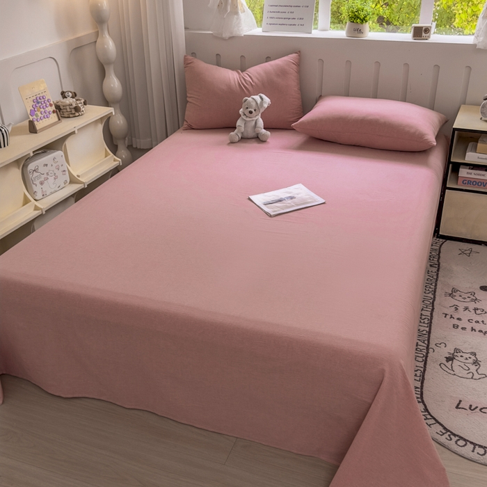 91家纺网 家纺一手货源 找家纺 晚依家纺 2025新款A类色织全棉纯棉水洗棉床笠单件纯棉格子纯色学生宿舍定制定做 纯色-藕粉