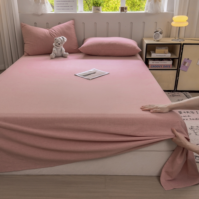 91家纺网 家纺一手货源 找家纺 晚依家纺 2025新款A类色织全棉纯棉水洗棉床笠单件纯棉格子纯色学生宿舍定制定做 纯色-藕粉