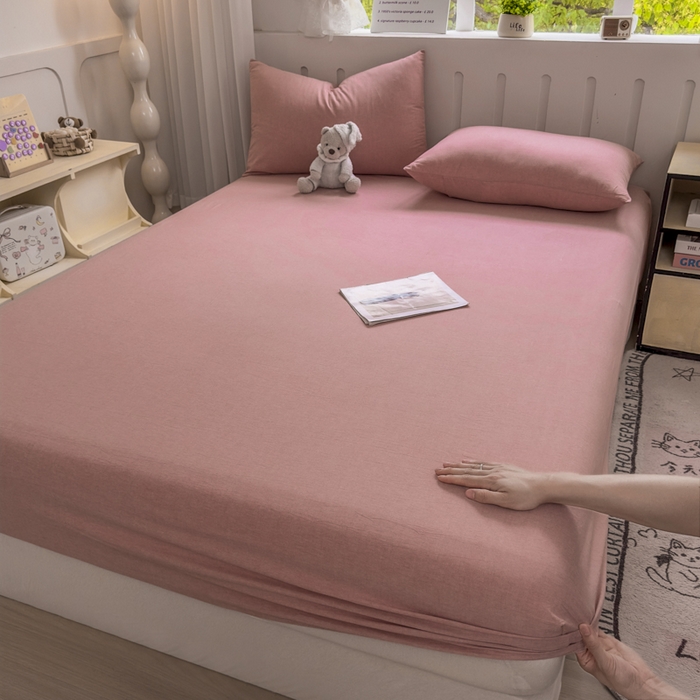 91家纺网 家纺一手货源 找家纺 晚依家纺 2025新款A类色织全棉纯棉水洗棉床笠单件纯棉格子纯色学生宿舍定制定做 纯色-藕粉