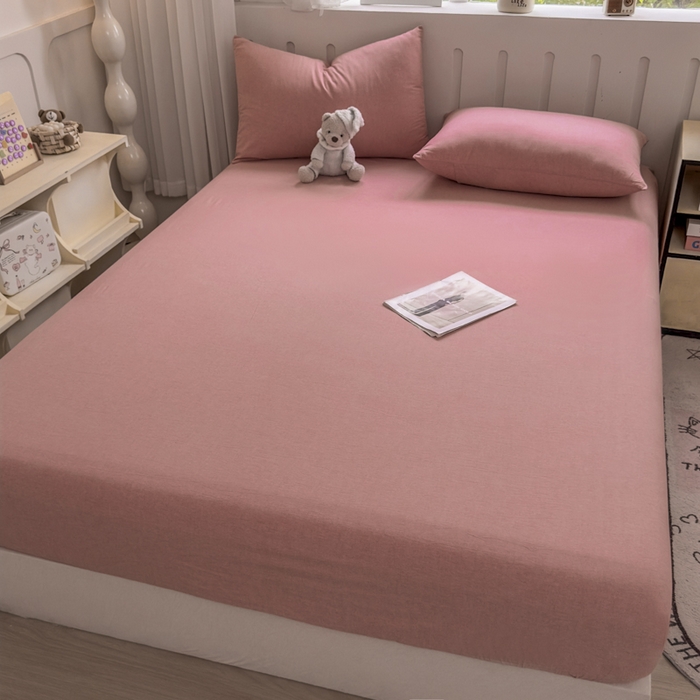 91家纺网 家纺一手货源 找家纺 晚依家纺 2025新款A类色织全棉纯棉水洗棉床笠单件纯棉格子纯色学生宿舍定制定做 纯色-藕粉