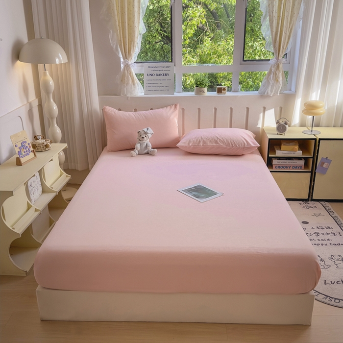 91家纺网 家纺一手货源 找家纺 晚依家纺 2025新款A类色织全棉纯棉水洗棉床笠单件纯棉格子纯色学生宿舍定制定做 纯色-浅粉