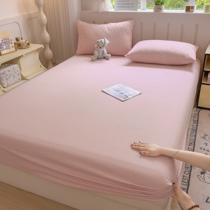 91家纺网 家纺一手货源 找家纺 晚依家纺 2025新款A类色织全棉纯棉水洗棉床笠单件纯棉格子纯色学生宿舍定制定做 纯色-浅粉